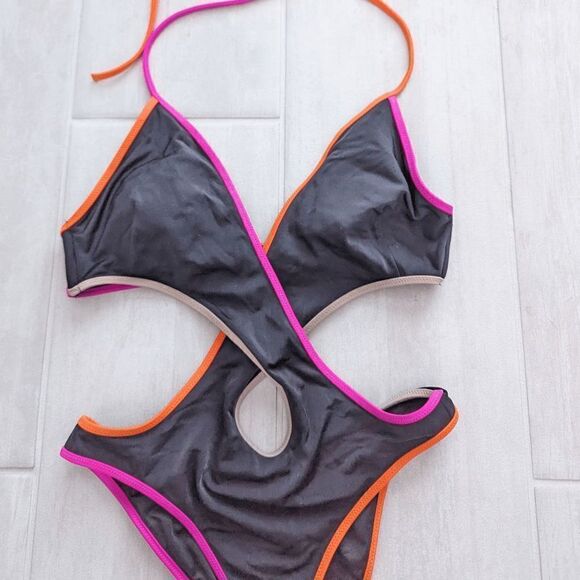 Victoria's Secret Monokini Cross Front Brazilian Cut Black w Multicolored Trim S - Picture 2 of 9